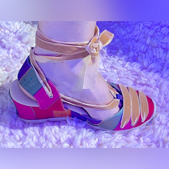 Carmen Saiz 9 made in Spain Euro 40 wedge Silk shoe leather Velvet ankle ribbon - Picture 10 of 16